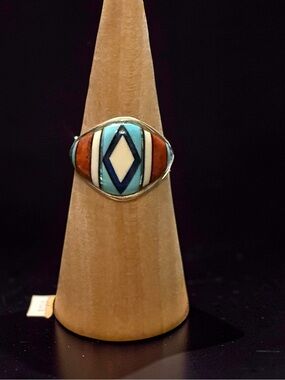 Turquoise, Coral & Onyx Inlay Oval Statement Ring